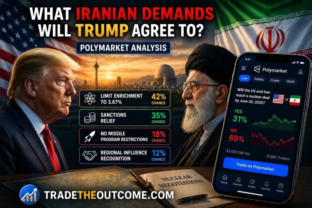 What Iranian demands will Trump agree to Polymarket analysis infographic showing US and Iran leaders with national flags, geopolitical negotiation concept, a smartphone displaying Polymarket prediction market data, and Tradetheoutcome.com watermark in a clean news-style design