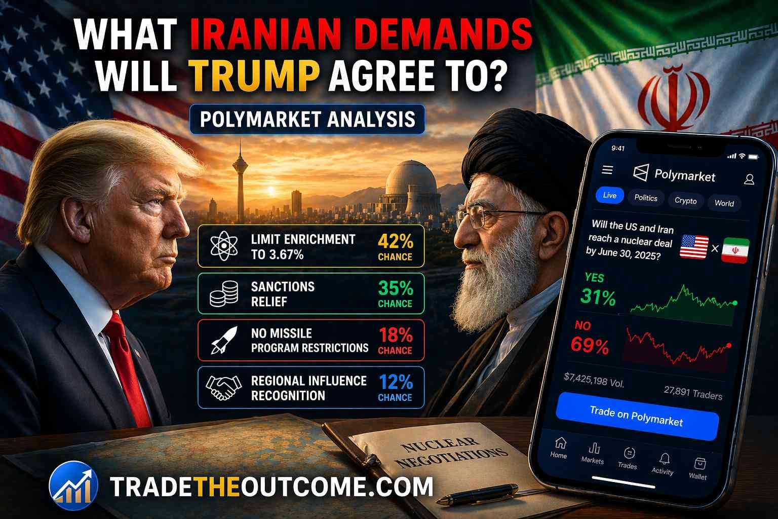 What Iranian demands will Trump agree to Polymarket analysis infographic showing US and Iran leaders with national flags, geopolitical negotiation concept, a smartphone displaying Polymarket prediction market data, and Tradetheoutcome.com watermark in a clean news-style design