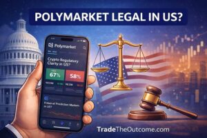 Is Polymarket legal in the US infographic showing the US Capitol, American flag, legal scales and gavel, with a smartphone displaying Polymarket prediction market data and Tradetheoutcome.com watermark