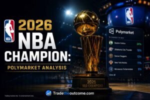 2026 NBA champion Polymarket analysis infographic showing NBA championship trophy inside a basketball arena, subtle prediction market odds panel, cinematic sports lighting, and Tradetheoutcome.com watermark in a clean editorial-style design