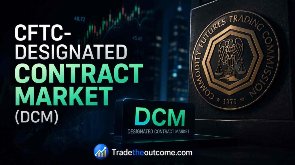 CFTC-designated contract market DCM infographic showing regulatory fintech scene with CFTC-inspired emblem, subtle market chart background, cinematic financial lighting, dark premium aesthetic, and Tradetheoutcome.com watermark in a clean editorial-style design