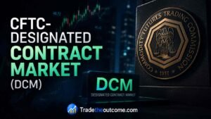 CFTC-designated contract market DCM infographic showing regulatory fintech scene with CFTC-inspired emblem, subtle market chart background, cinematic financial lighting, dark premium aesthetic, and Tradetheoutcome.com watermark in a clean editorial-style design