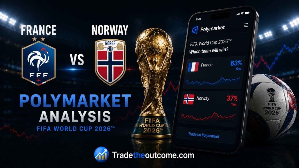 France vs Norway Polymarket analysis FIFA World Cup 2026 infographic showing football stadium matchup with France and Norway national team visuals, subtle Polymarket prediction market interface, cinematic sports lighting, dark premium editorial background, and Tradetheoutcome.com watermark in a clean Google Discover–friendly design