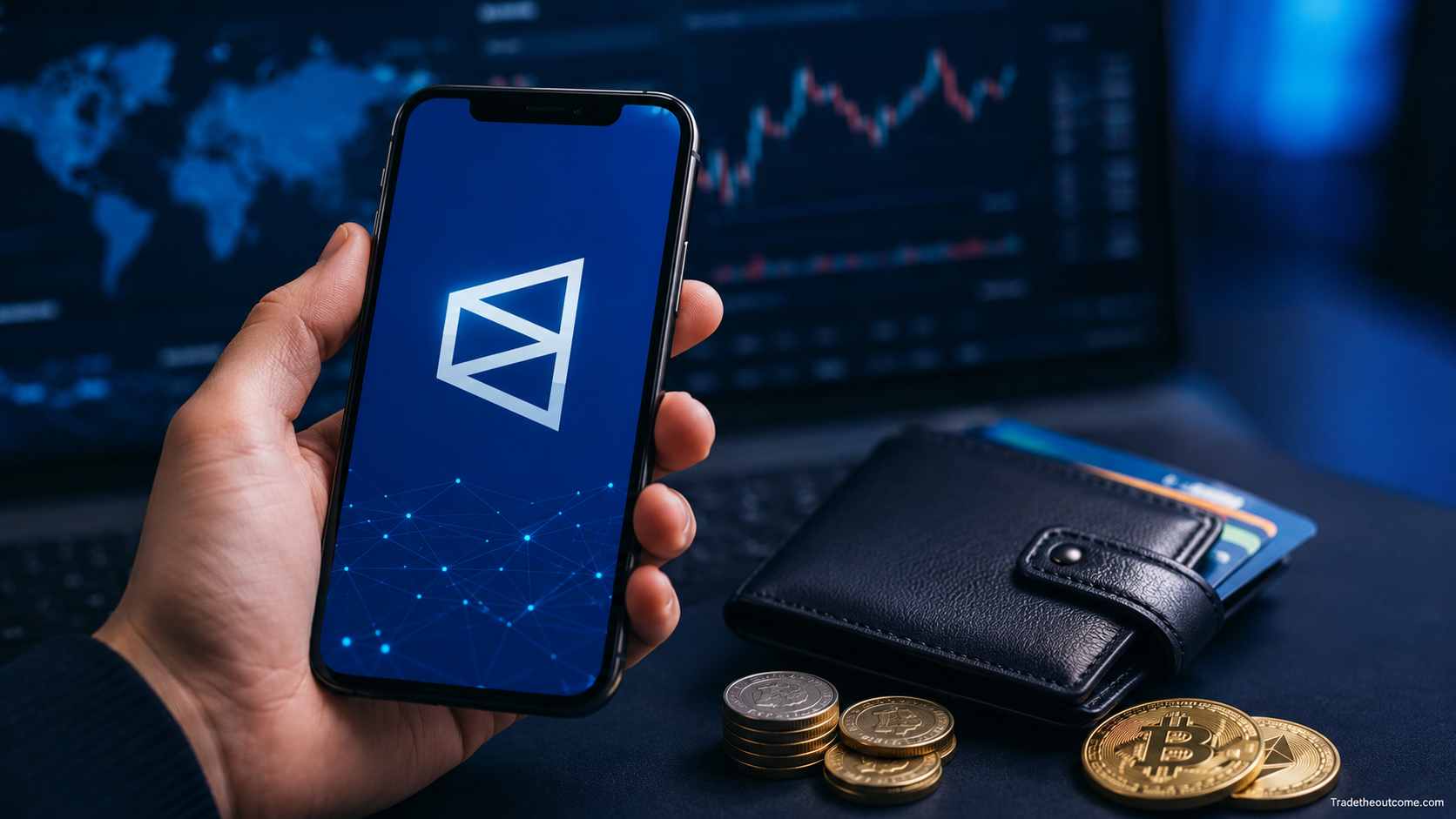 A hand holding a smartphone beside a wallet and crypto coins in a dark trading setup, symbolizing funding a Polymarket account through digital payments and crypto deposits. Background financial charts and a premium fintech atmosphere represent online prediction market trading.