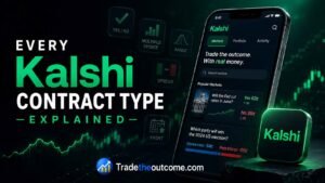 Every Kalshi contract type explained infographic showing Kalshi trading app interface with subtle contract-type icons, cinematic green fintech lighting, market chart background, and Tradetheoutcome.com watermark in a clean editorial-style design