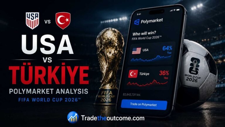 USA vs Türkiye Polymarket analysis FIFA World Cup 2026 infographic showing football stadium scene with national team matchup, Polymarket prediction market interface, World Cup trophy, cinematic sports lighting, and Tradetheoutcome.com watermark in a clean Google Discover–friendly design