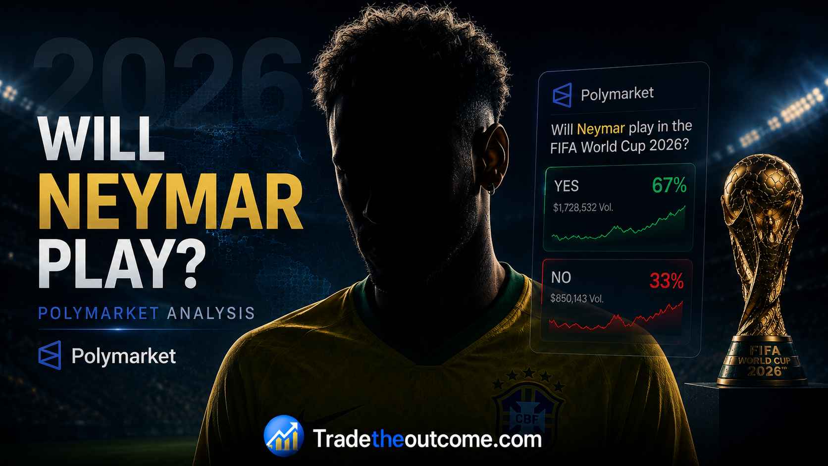 Will Neymar play Polymarket analysis FIFA World Cup 2026 infographic showing a mysterious shadowed footballer silhouette in a Brazil-inspired jersey, subtle Polymarket prediction market interface, World Cup trophy, cinematic stadium lighting, dark premium editorial background, and Tradetheoutcome.com watermark in a clean Google Discover–friendly design
