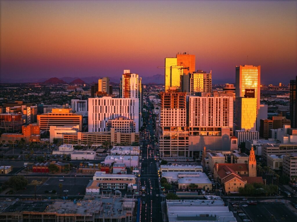 A view of a city with tall buildings