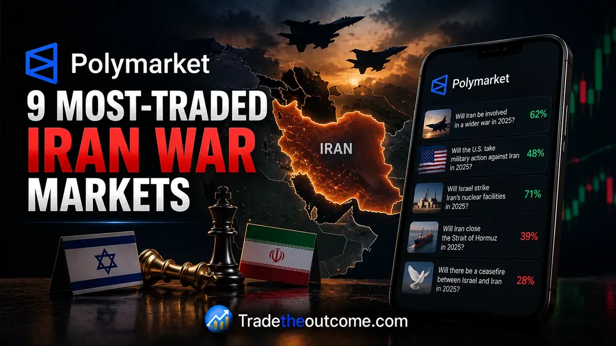 Polymarket’s 9 most traded Iran war markets, featuring Iran conflict predictions, military action, and geopolitical market odds.
